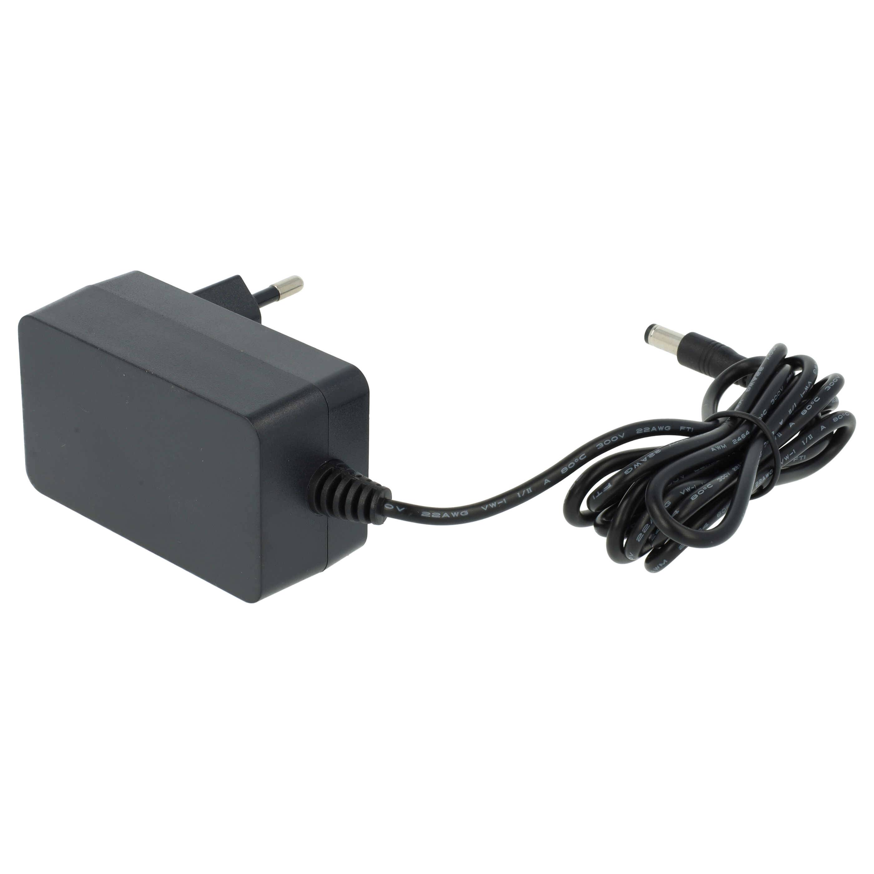 Ein schwarzes Netzteil mit europäischem Stecker und gewickeltem Kabel, das in einen zylindrischen Anschluss endet, geeignet zum Laden von Elektronikgeräten.