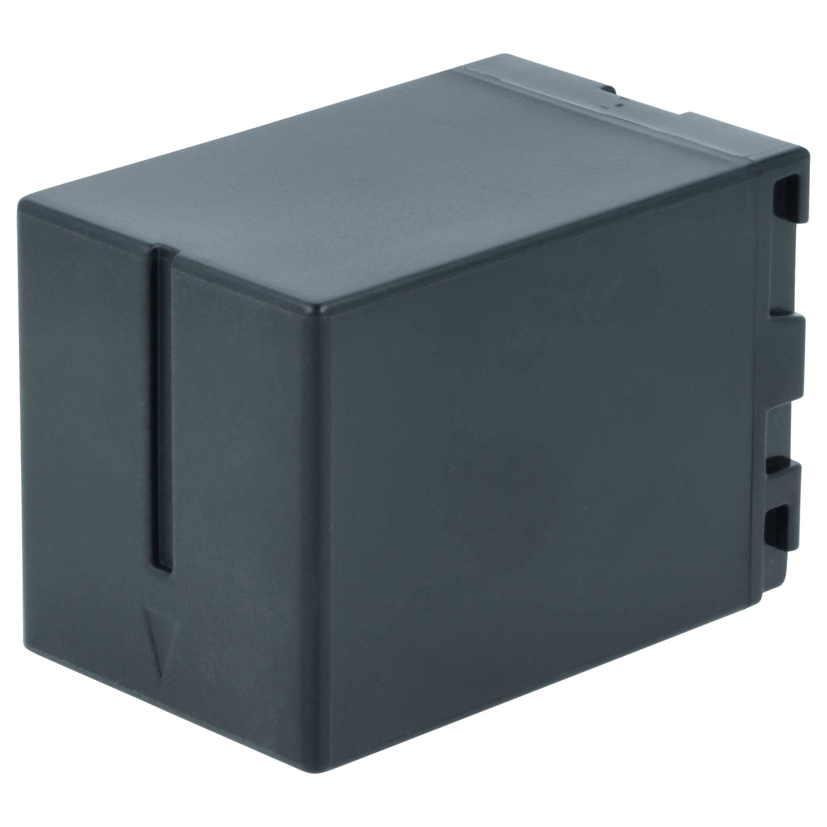 Eine schwarze rechteckige Batterie für elektronische Geräte, mit einem Schlitz an einer Seite und zwei Anschlüssen auf einer anderen Seite, isoliert auf weißem Hintergrund.