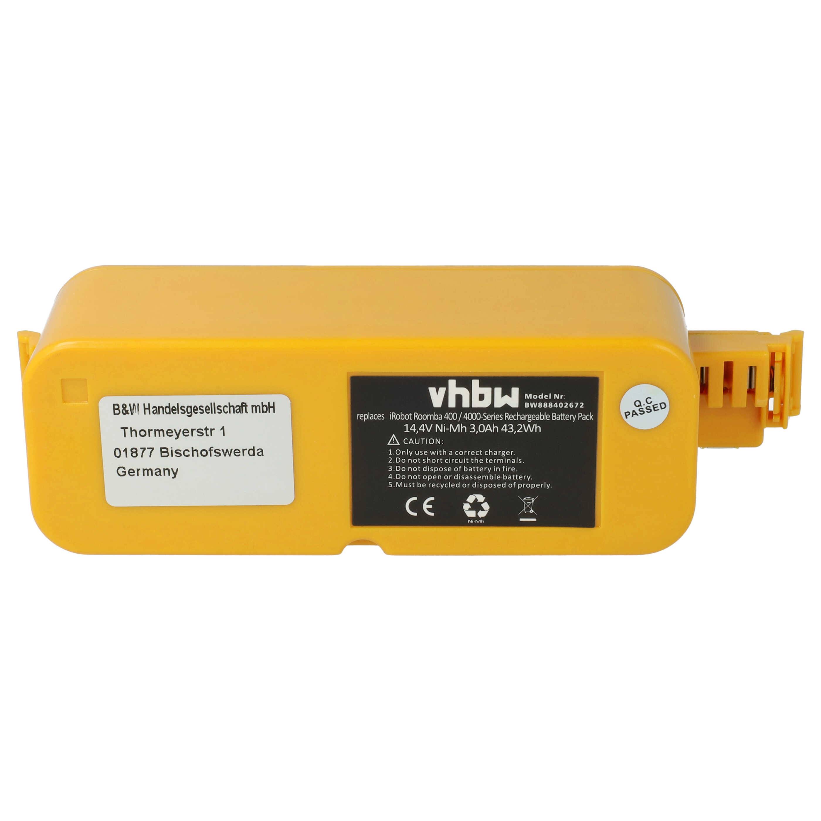 vhbw Akku kompatibel mit iRobot Roomba 40901, 400, 405, 410, 4000, 4100, 4105, 4110, 415, 416, 4130, 4150 Staubsauger, Gelb (3000mAh, 14,4V, NiMH)