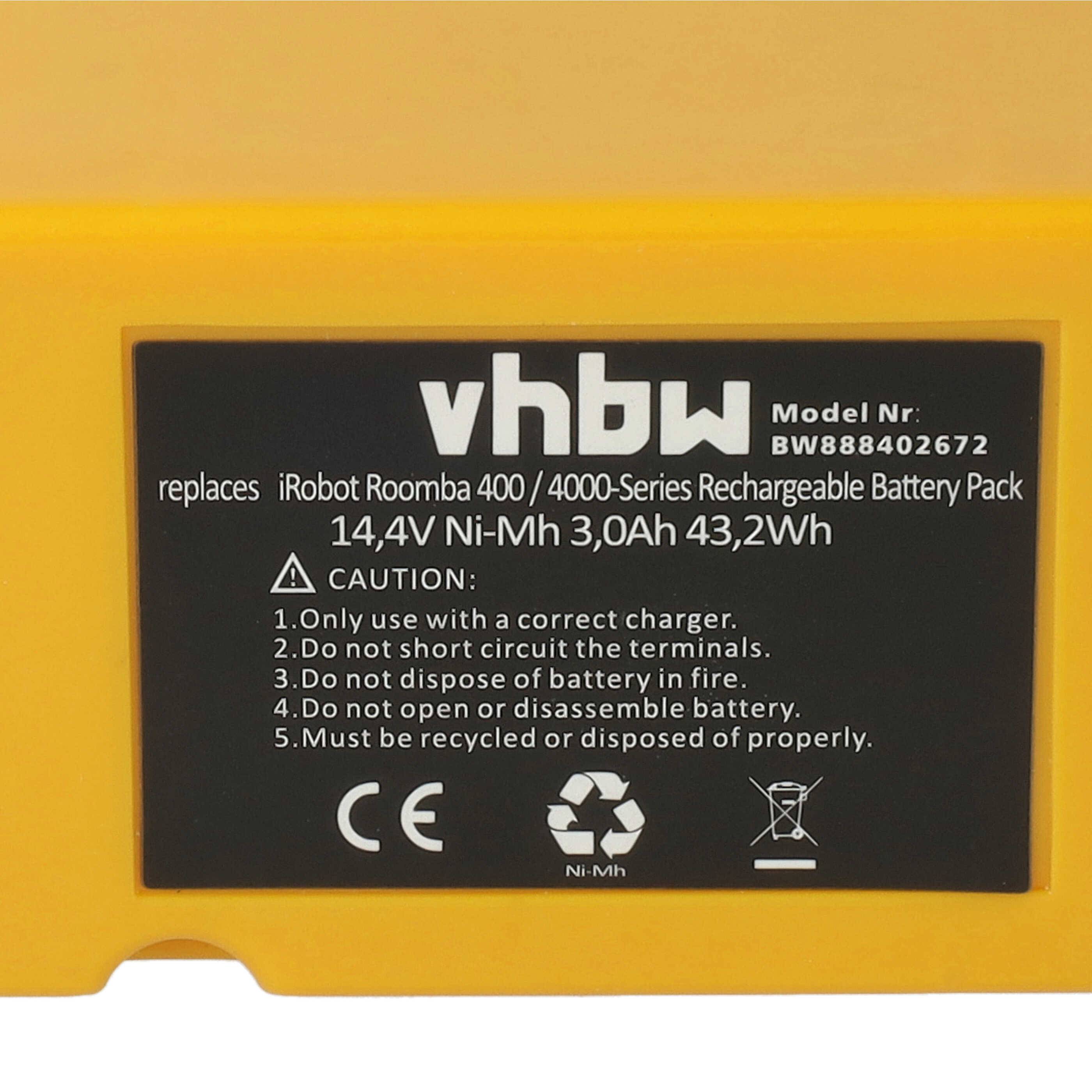 vhbw Akku kompatibel mit iRobot Roomba 40901, 400, 405, 410, 4000, 4100, 4105, 4110, 415, 416, 4130, 4150 Staubsauger, Gelb (3000mAh, 14,4V, NiMH)