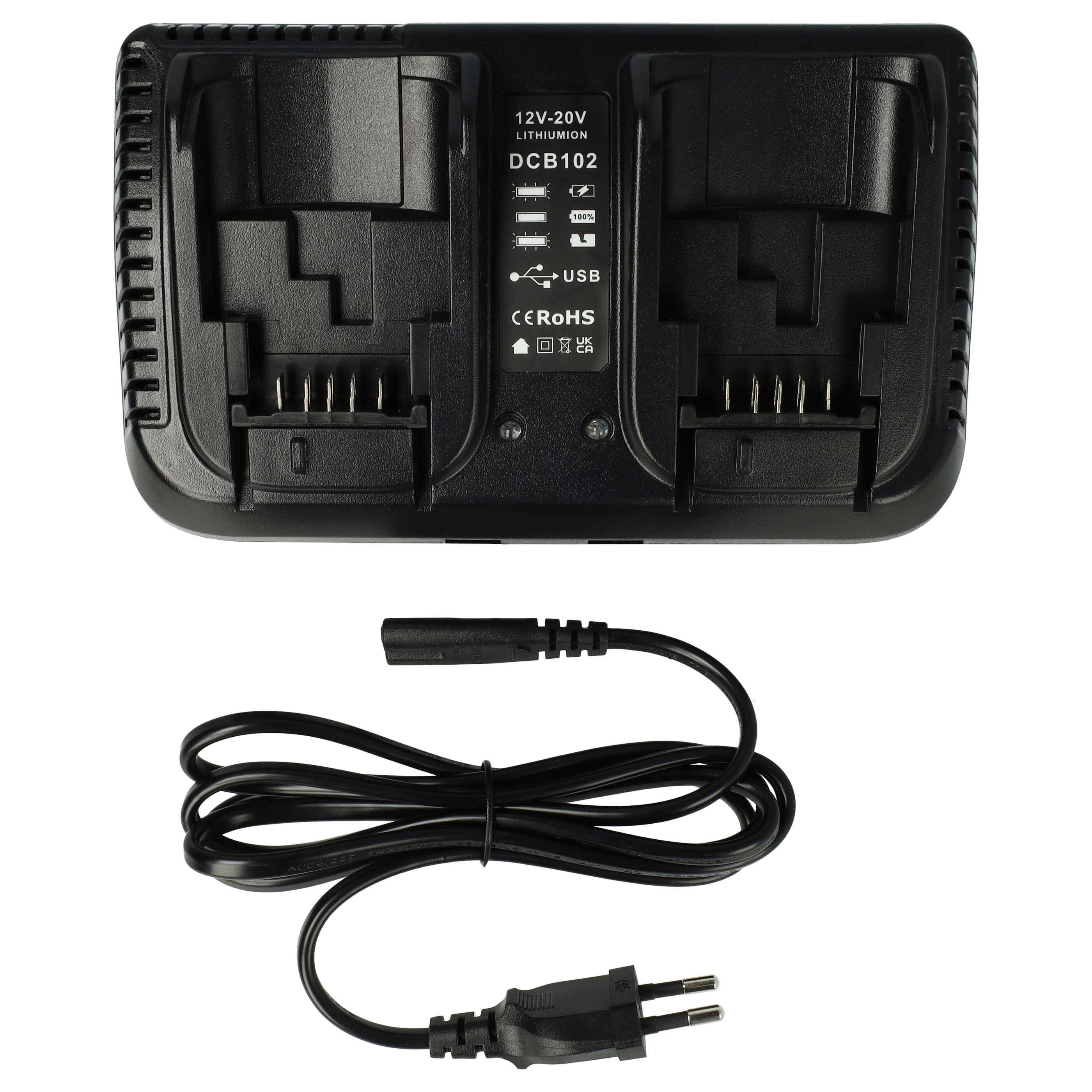 vhbw Dual-Ladegerät kompatibel mit Dewalt DCS380M1, DCS381, DCS391, DCS391B, DCS391L1, DCS391M1, DCS393 Werkzeug Li-Ion-Akkus