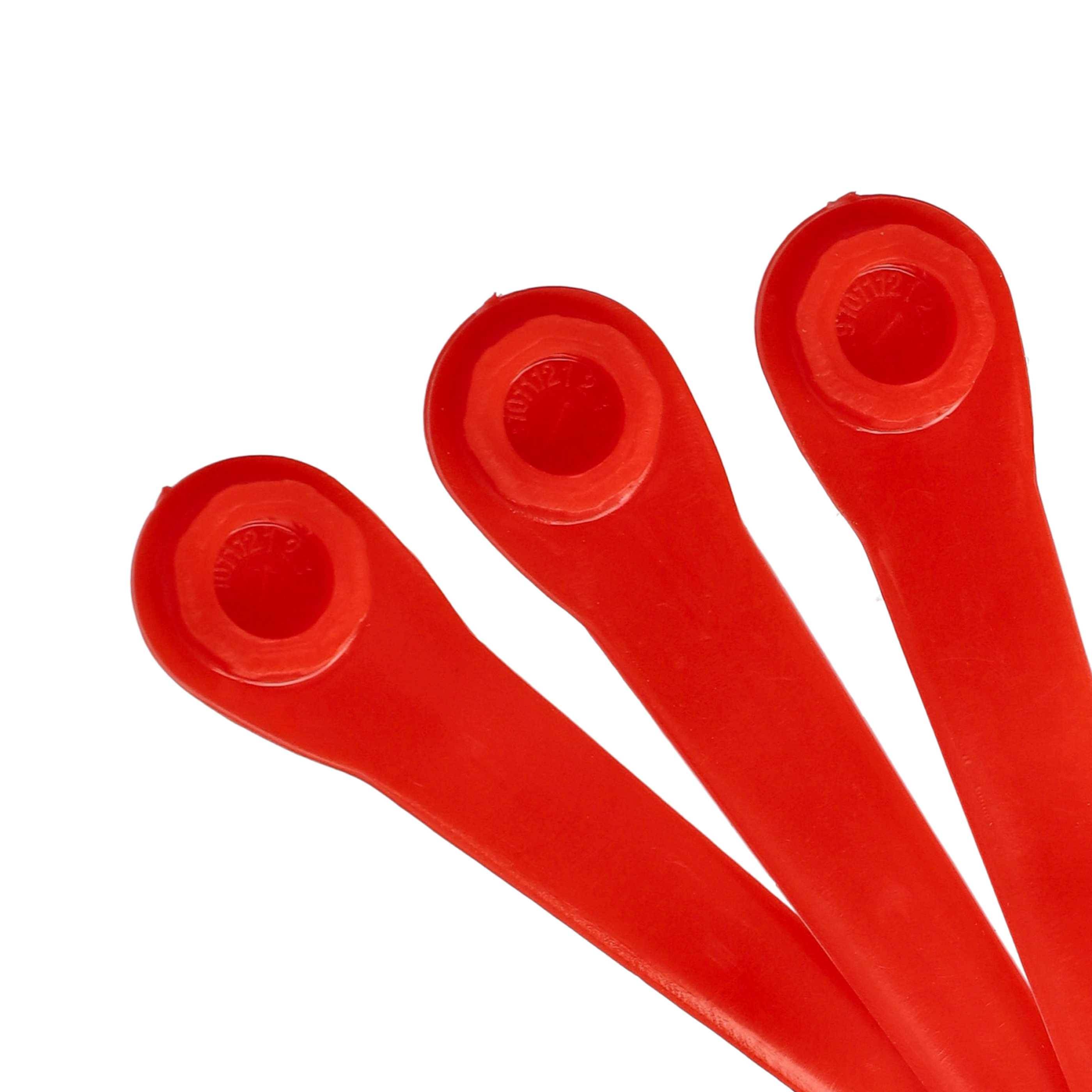 Drei rote Reifenheber fächerförmig angeordnet, jeweils mit einem gekrümmten Ende zum Abnehmen von Fahrradreifen.