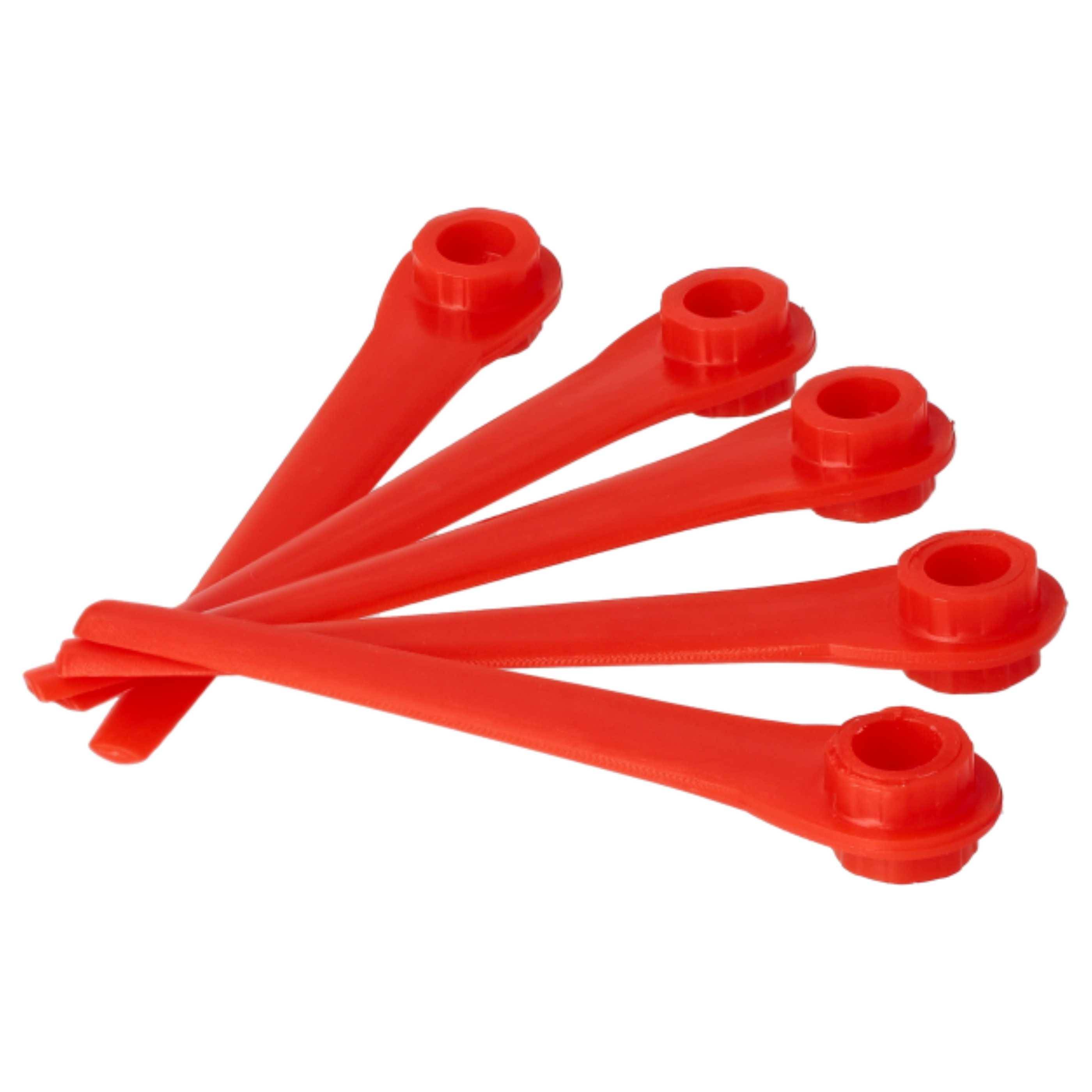 Fünf rote Kunststoffspitzen in einem verstreuten Muster angeordnet, jede mit einer kreisförmigen Oberseite und spitzem Ende, auf einem schlichten weißen Hintergrund.