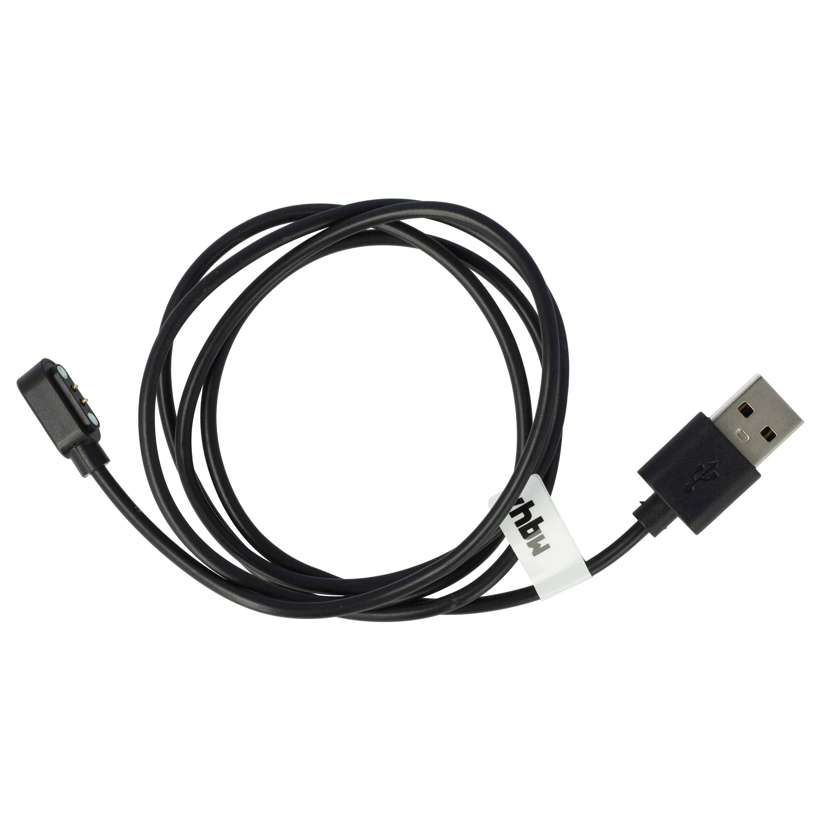 Schwarzes USB-Ladekabel mit USB-A-Stecker auf der einen Seite und kleinem Geräteanschluss auf der anderen Seite, aufgerollt auf weißem Hintergrund.