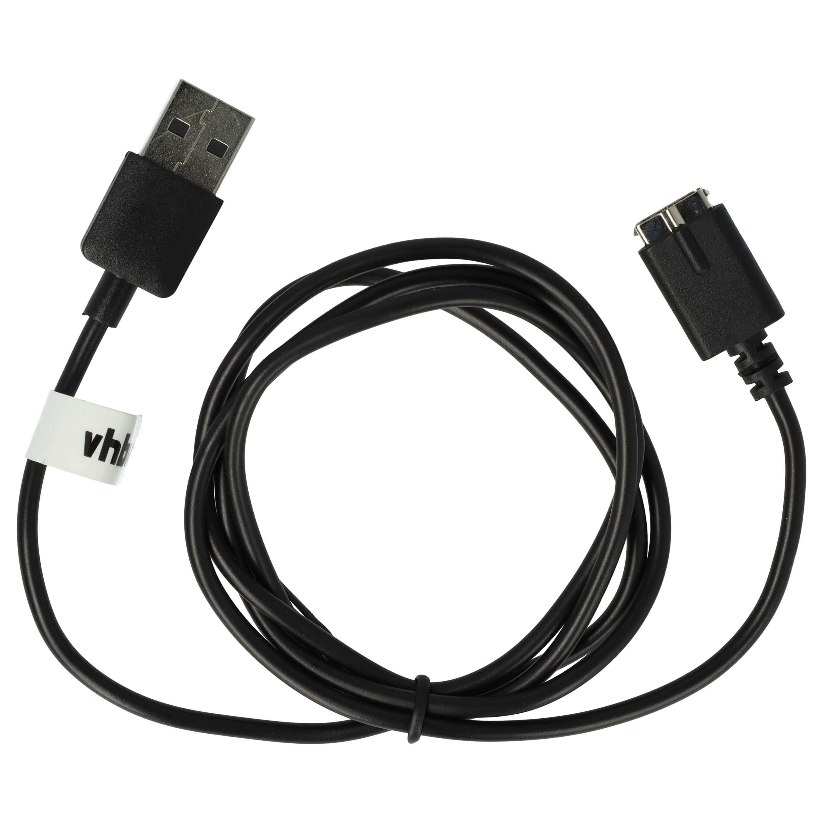Schwarzes USB-Kabel mit einem Standard-USB-A-Stecker an einem Ende und einem kleinen Gerätestecker am anderen Ende, aufgerollt auf weißem Hintergrund.