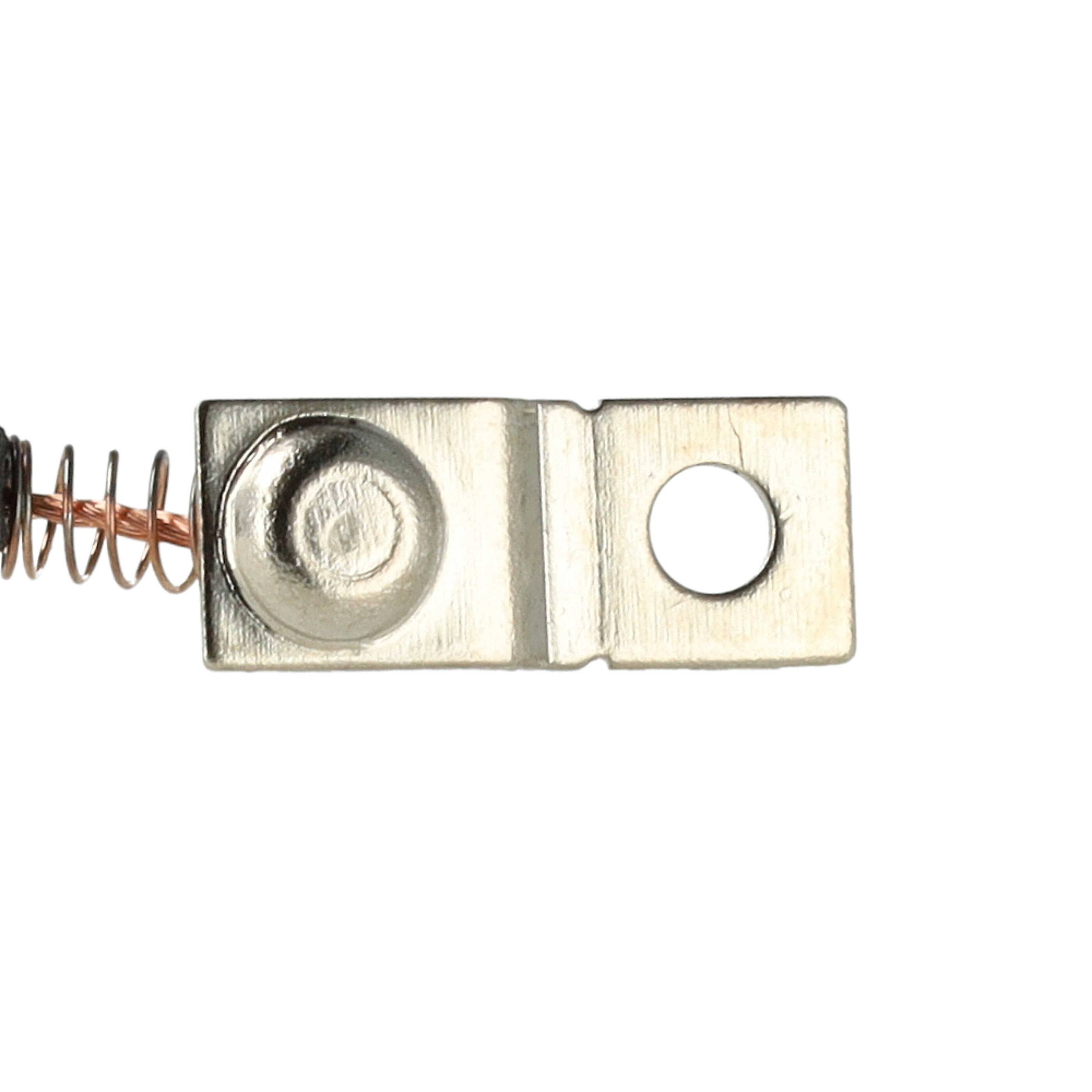 Ein metallischer Batteriekontakt für eine Zylinderbatterie mit einer Feder an einem Ende und einer flachen Metallfläche mit einem Loch am anderen Ende.