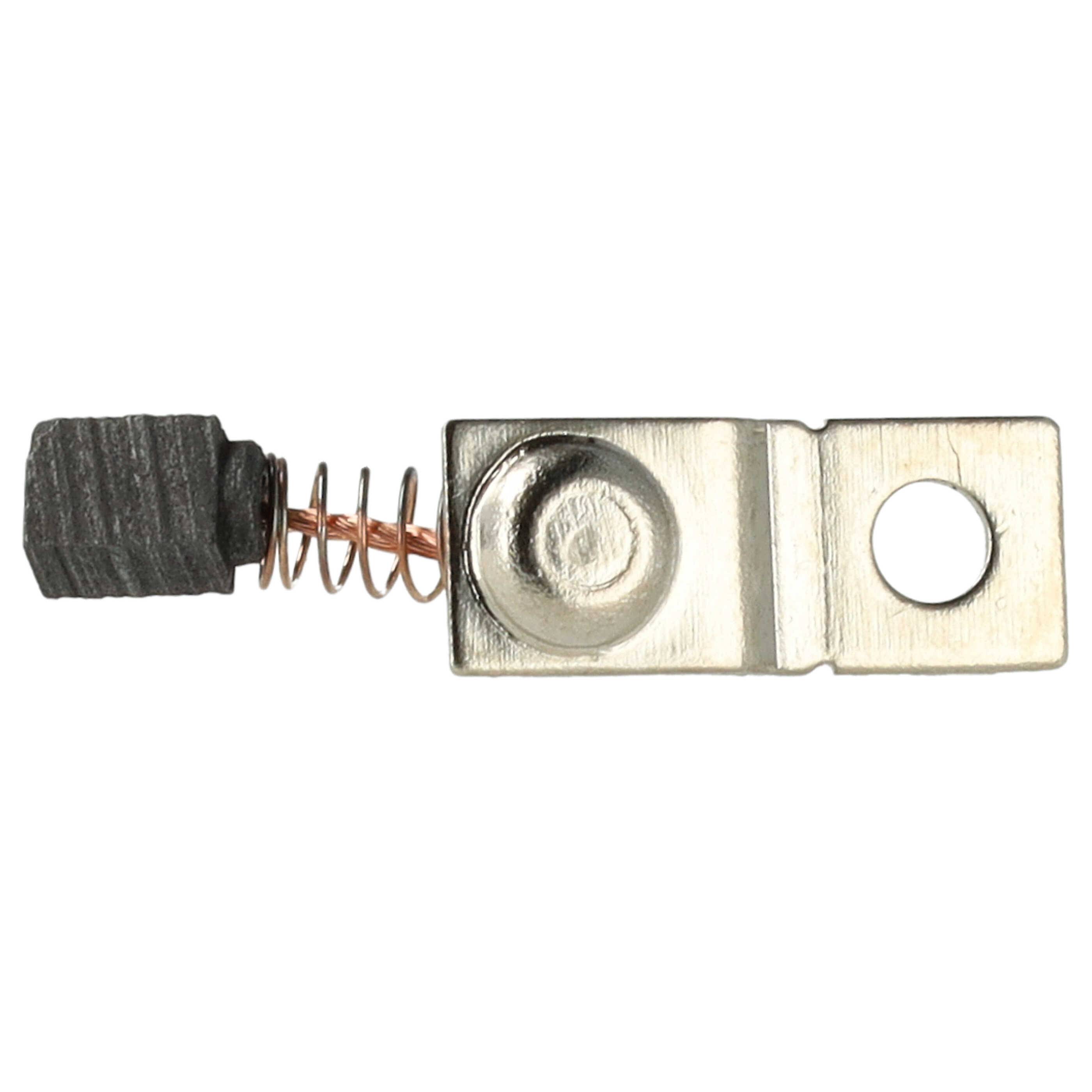 Eine Kohlebürste mit einer Feder und einer Metallklammer, typischerweise in elektrischen Motoren zum Stromtransfer verwendet. Horizontal positioniert.
