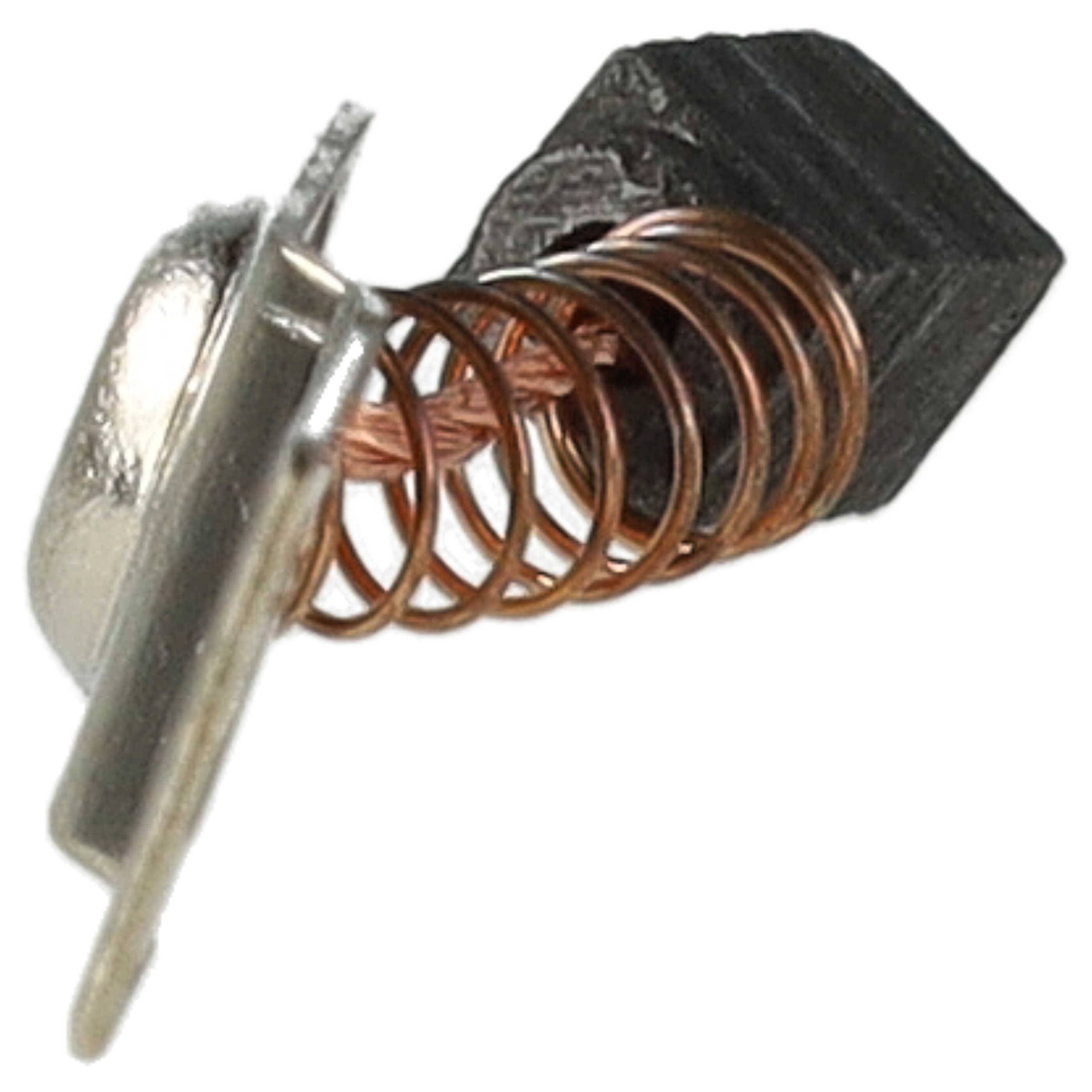 Eine kleine Feder mit einer Kupferspule, die auf einem Metallager montiert ist, wahrscheinlich Teil einer elektrischen oder mechanischen Komponente.