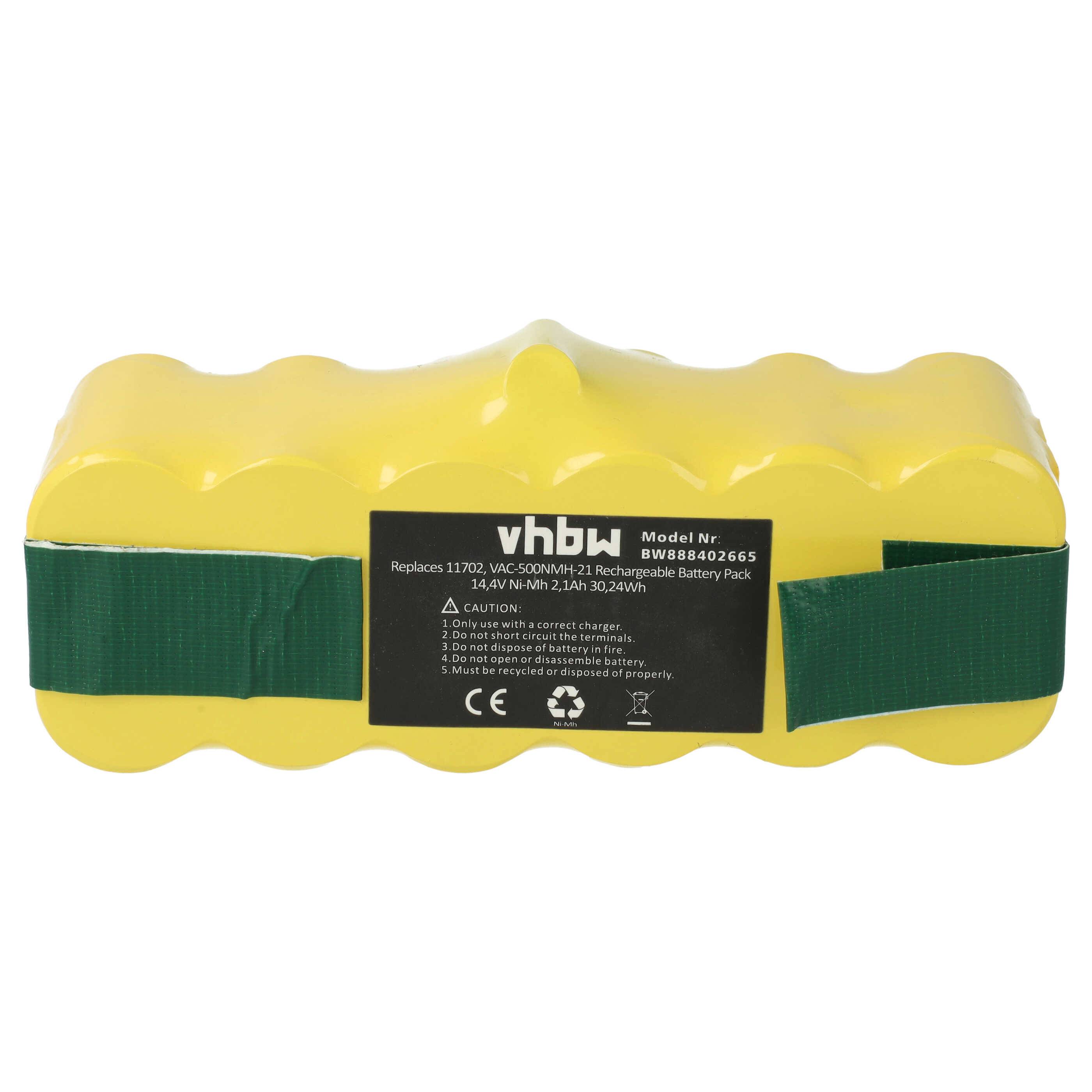 Ein gelber wiederaufladbarer Akkupack mit grünem Klebeband, gekennzeichnet mit 'vhbw Modell Nr BW868402665' und Sicherheitssymbolen, verwendet als Ersatz.
