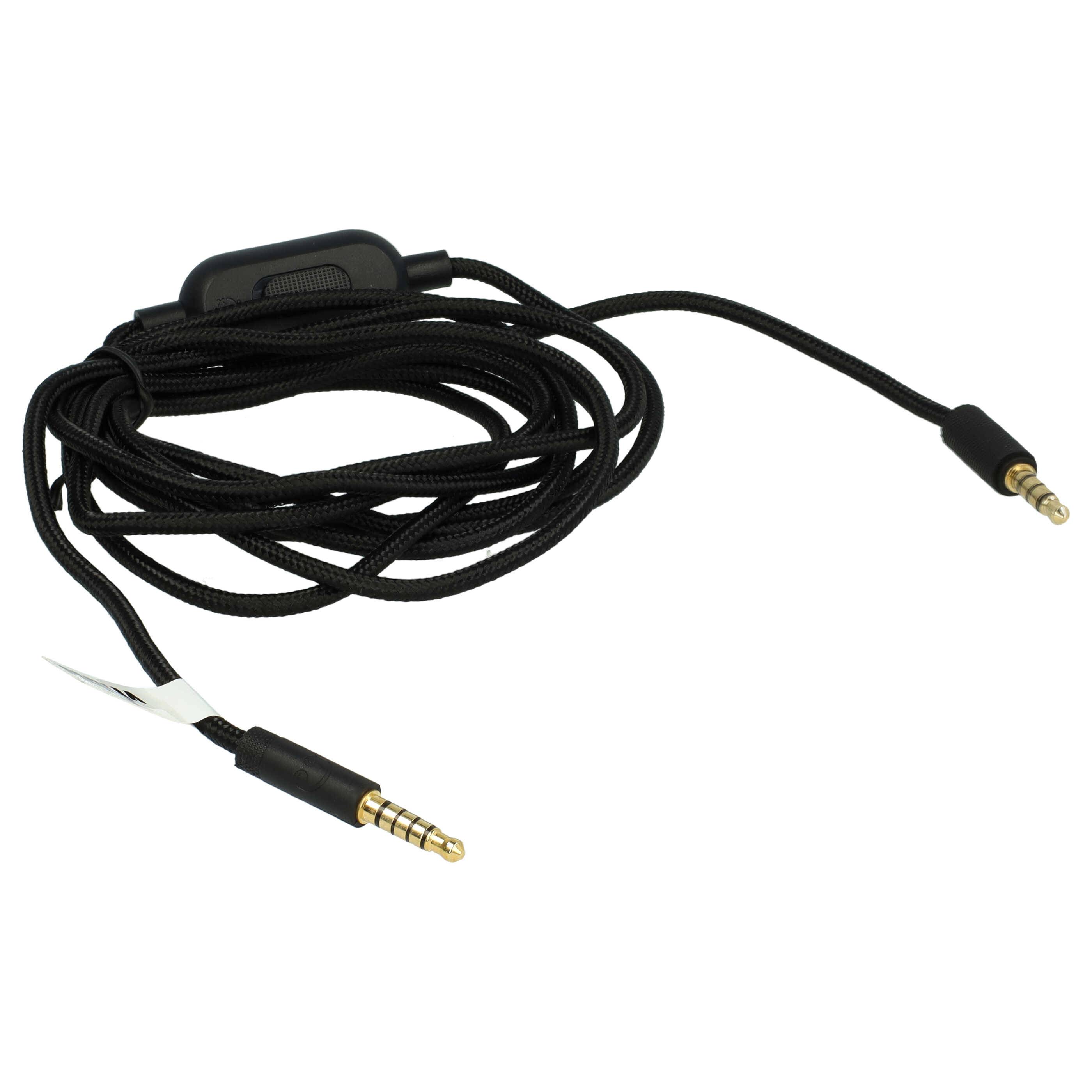 Ein schwarzes Audiokabel mit integriertem Mikrofon und zwei vergoldeten 3,5-mm-Steckern an jedem Ende, das zum Verbinden von Audiogeräten verwendet wird.