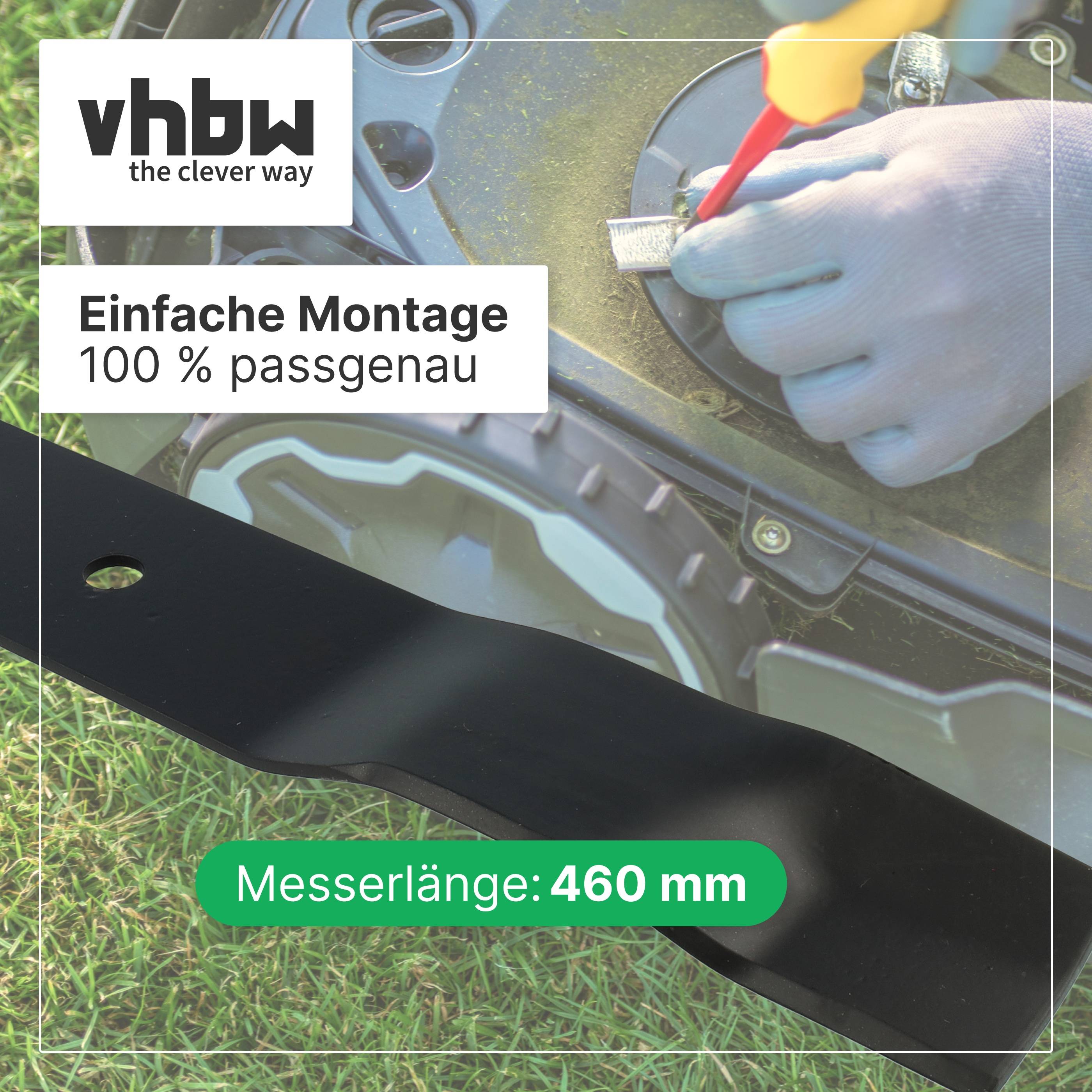 Anzeige für VHHW-Rasenmähermesser, zeigt handschuhtragende Hände beim Einbau eines Teils; Text lautet „Einfache Montage