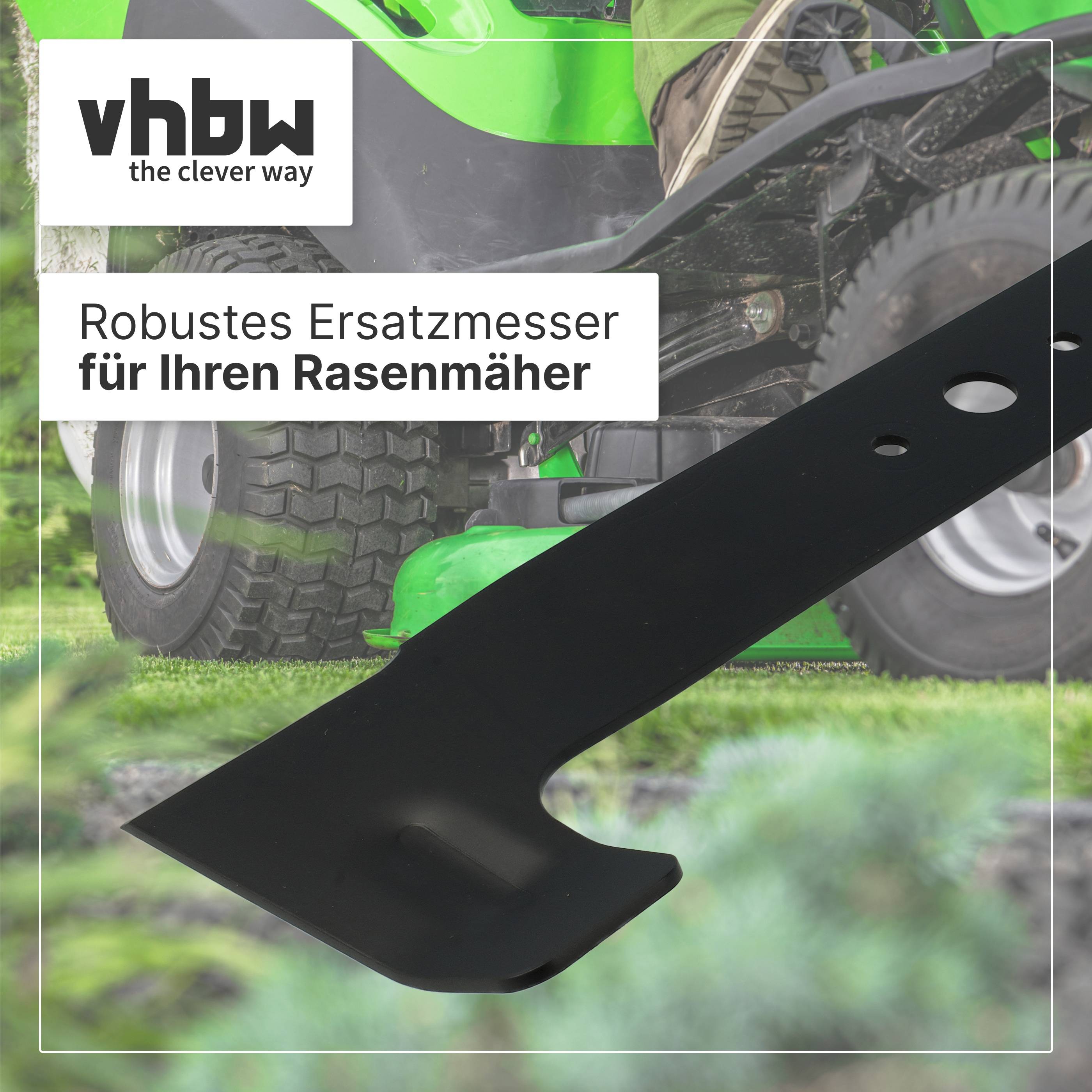 vhhw 'the clever way' Logo mit deutschem Text 'Robustes Ersatzmesser für Ihren Rasenmäher' über einer Nahaufnahme eines Rasenmähermessers