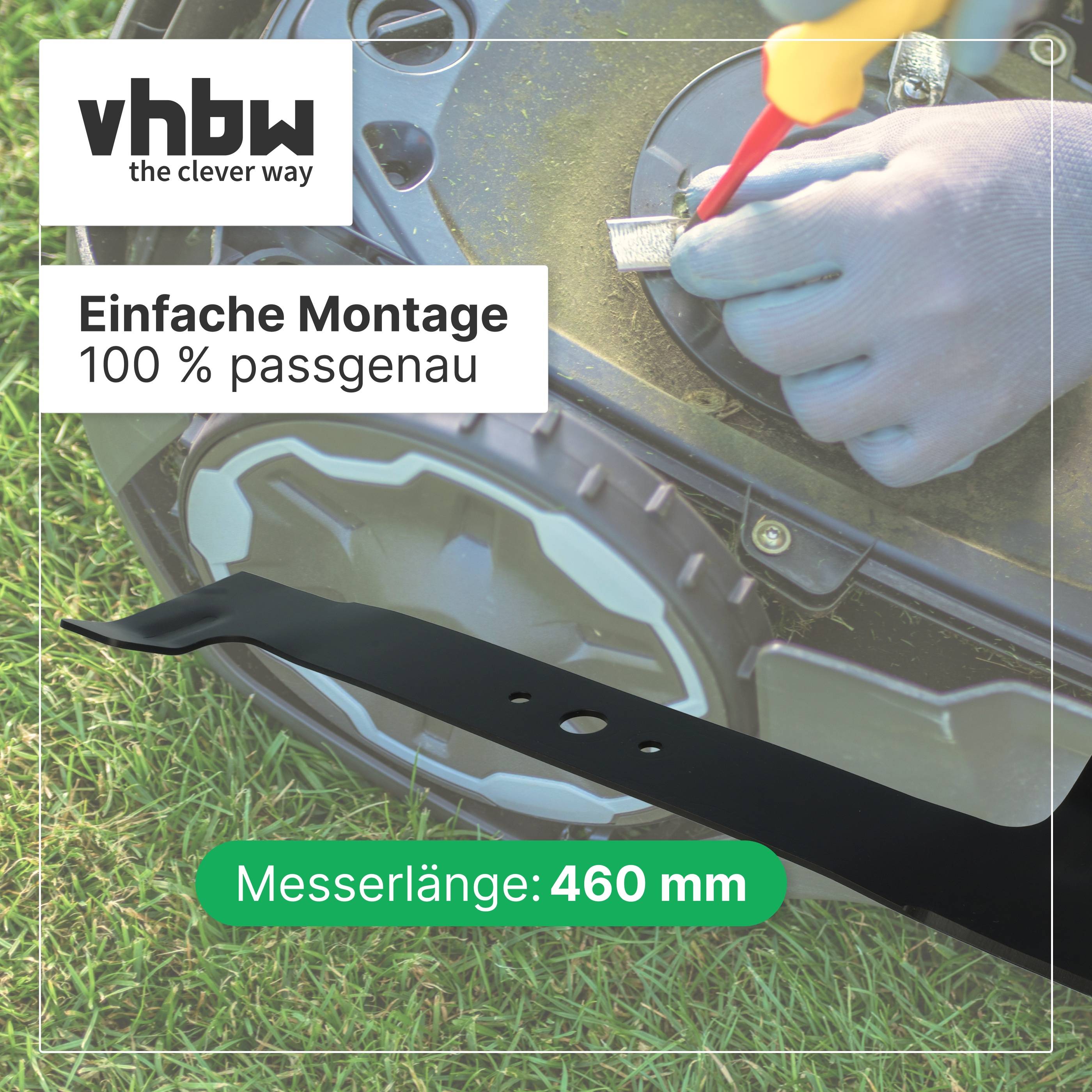 vhbw Anzeige mit behandschuhten Händen, die ein Mähermesser installieren; der Text lautet „Einfache Montage, 100 % passgenau