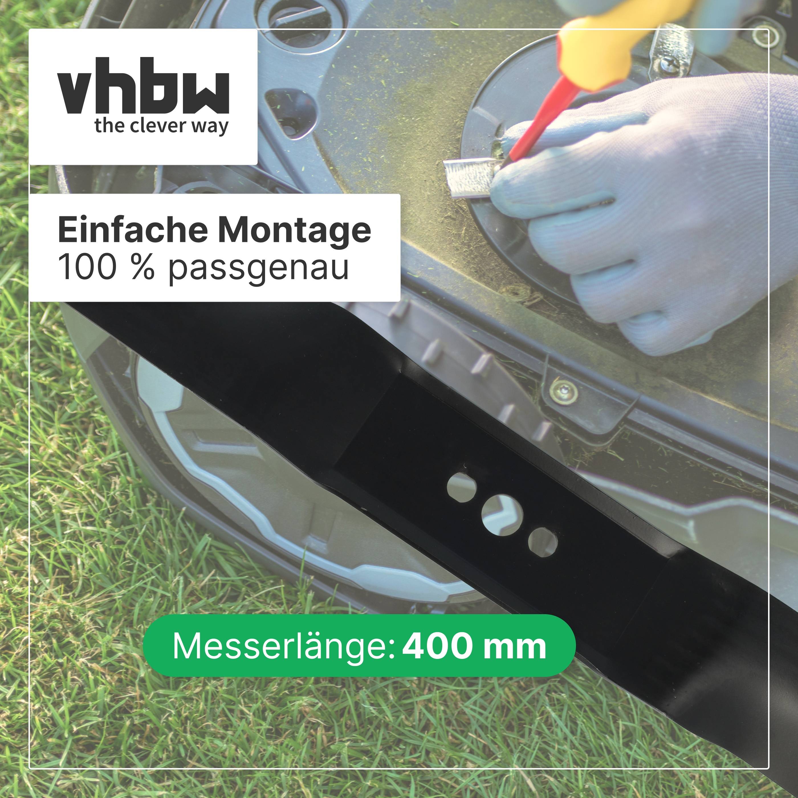 Rasenmäherklingenmontage-Anzeige mit behandschuhten Händen, die eine 400-mm-Klinge einpassen, mit deutschem Text „Einfache Montage, 100 % passgenau