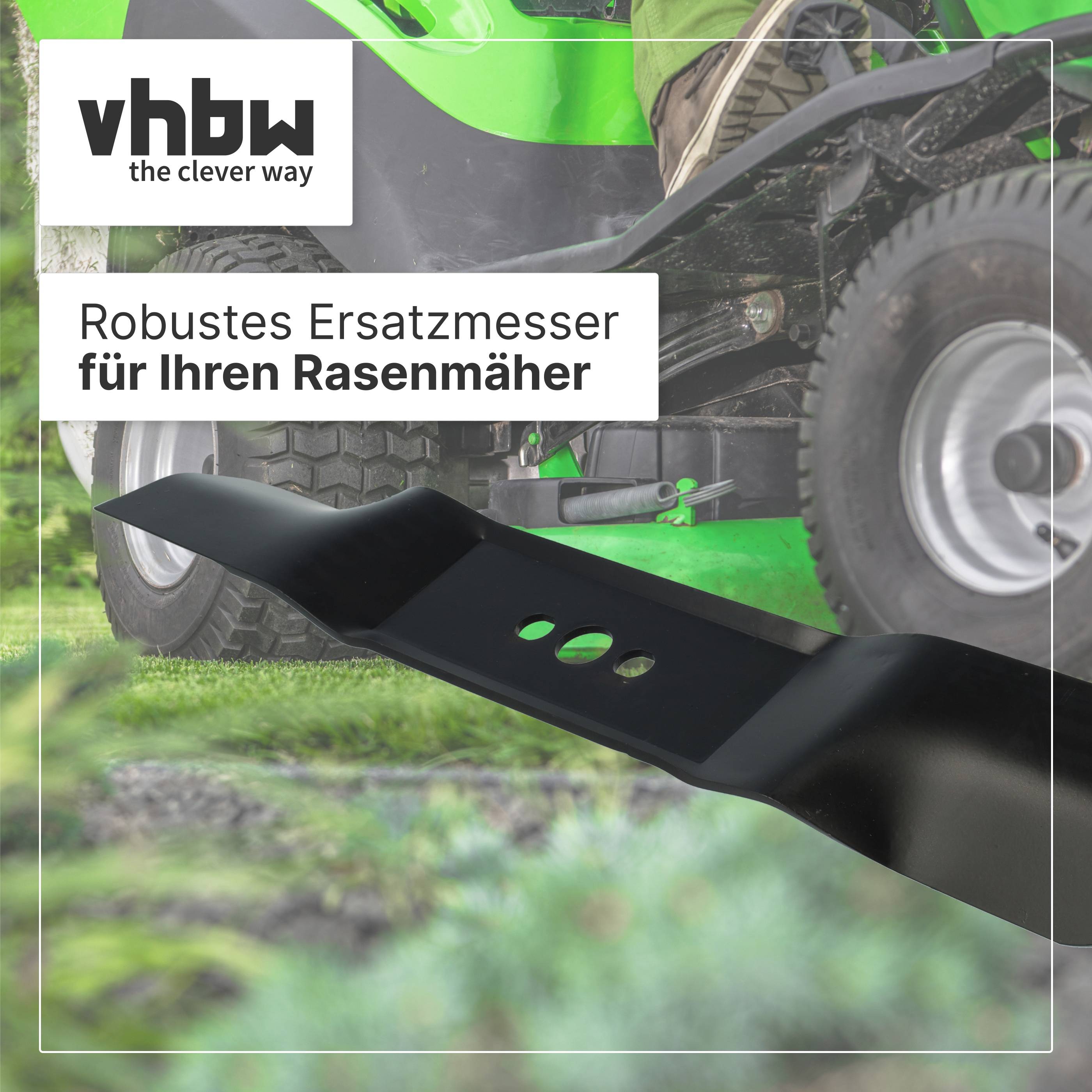 vhbw Ersatzmesser für Rasenmäher, gezeigt vor einem Aufsitzrasenmäher mit dem Text „Robustes Ersatzmesser für Ihren Rasenmäher
