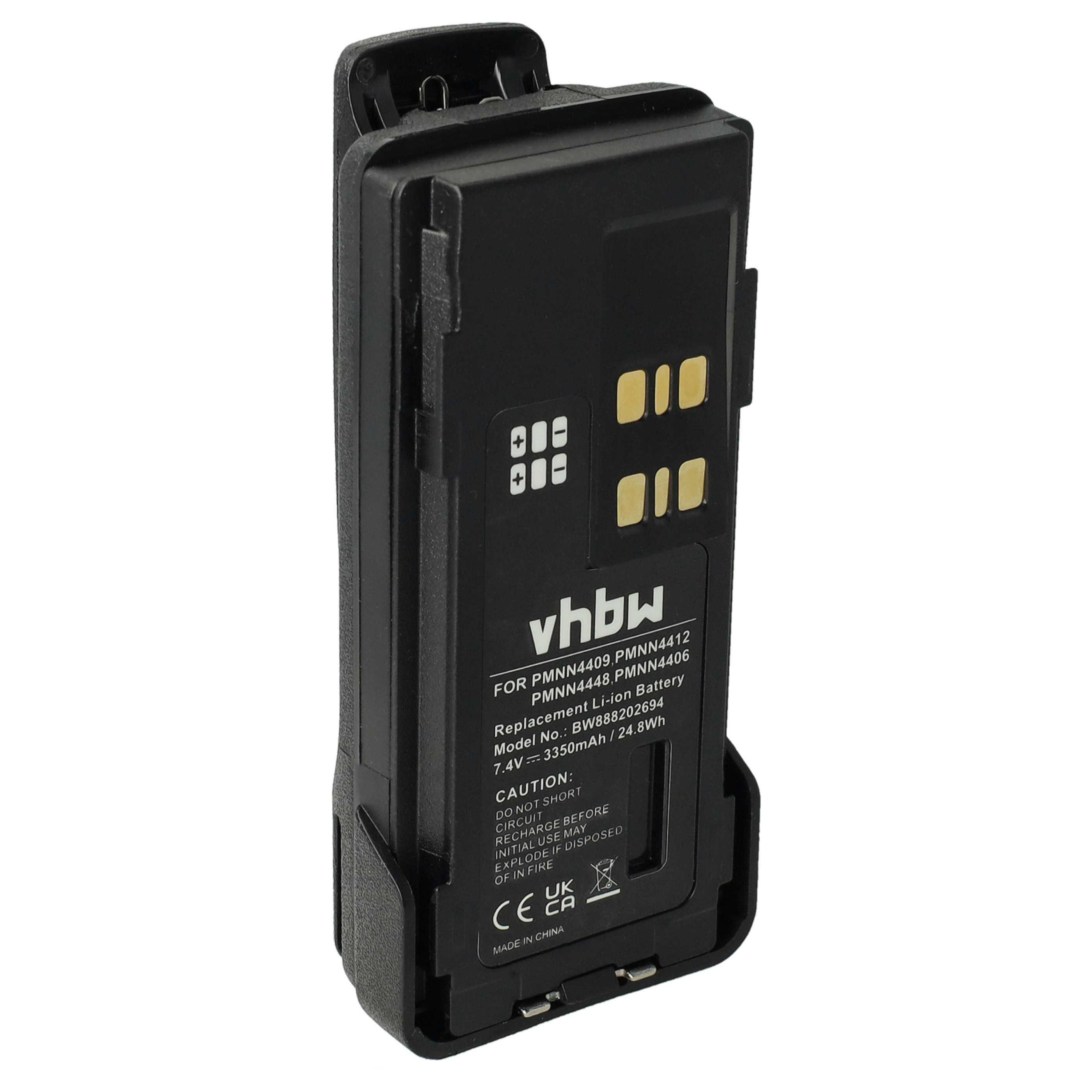 vhbw 1x Akku Ersatz für Motorola PMNN4491B, PMNN4543, PMNN4493 für Funkgerät, Walkie Talkie (3350 mAh, 7,4 V, Li-Ion) + Gürtelclip