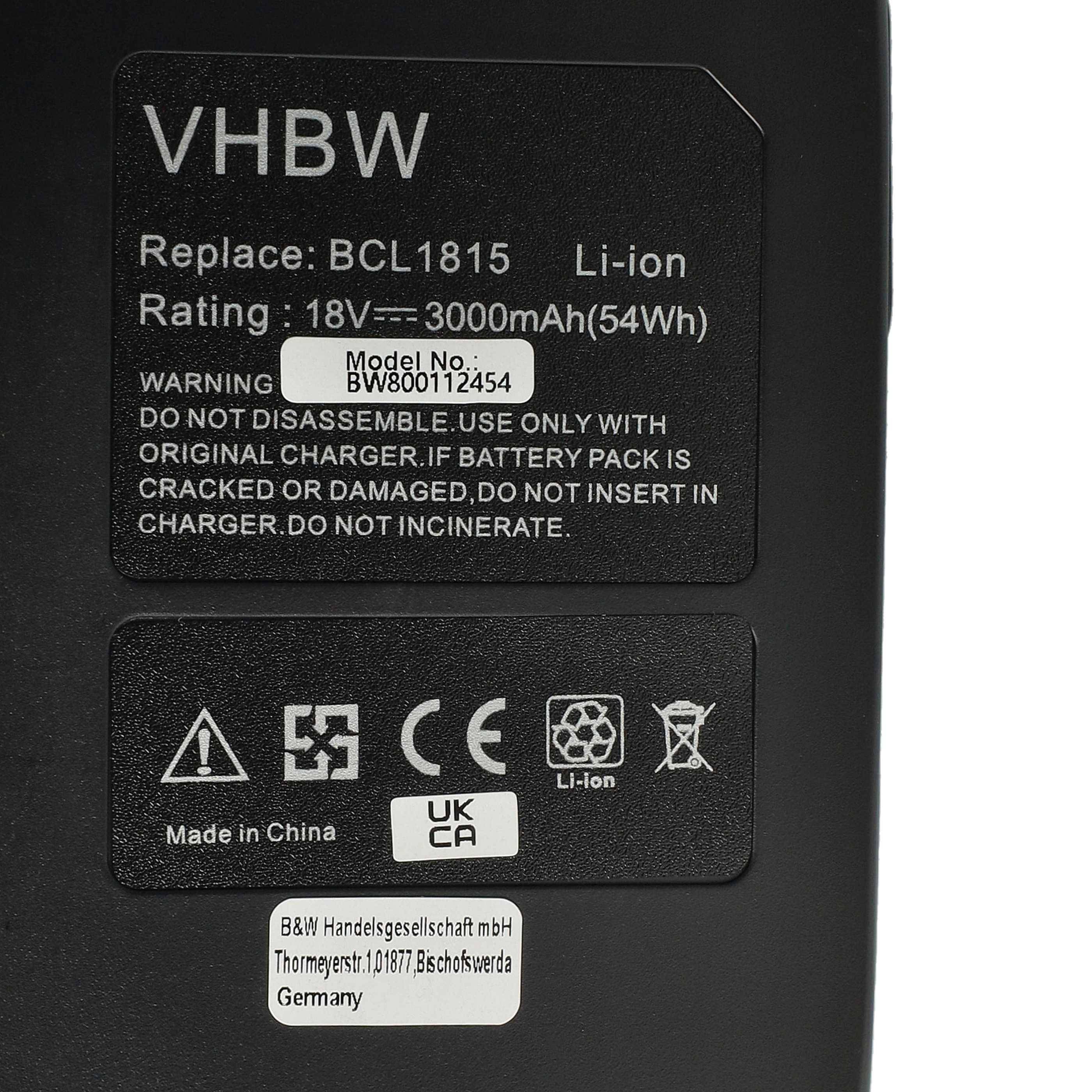 vhbw Akku kompatibel mit Hitachi CR 18DV, DH 18DL, DH 18DLX, DS 18DFL, DS 18DFLG, DH18DLP4 Elektrowerkzeug (3000 mAh, Li-Ion, 18 V)