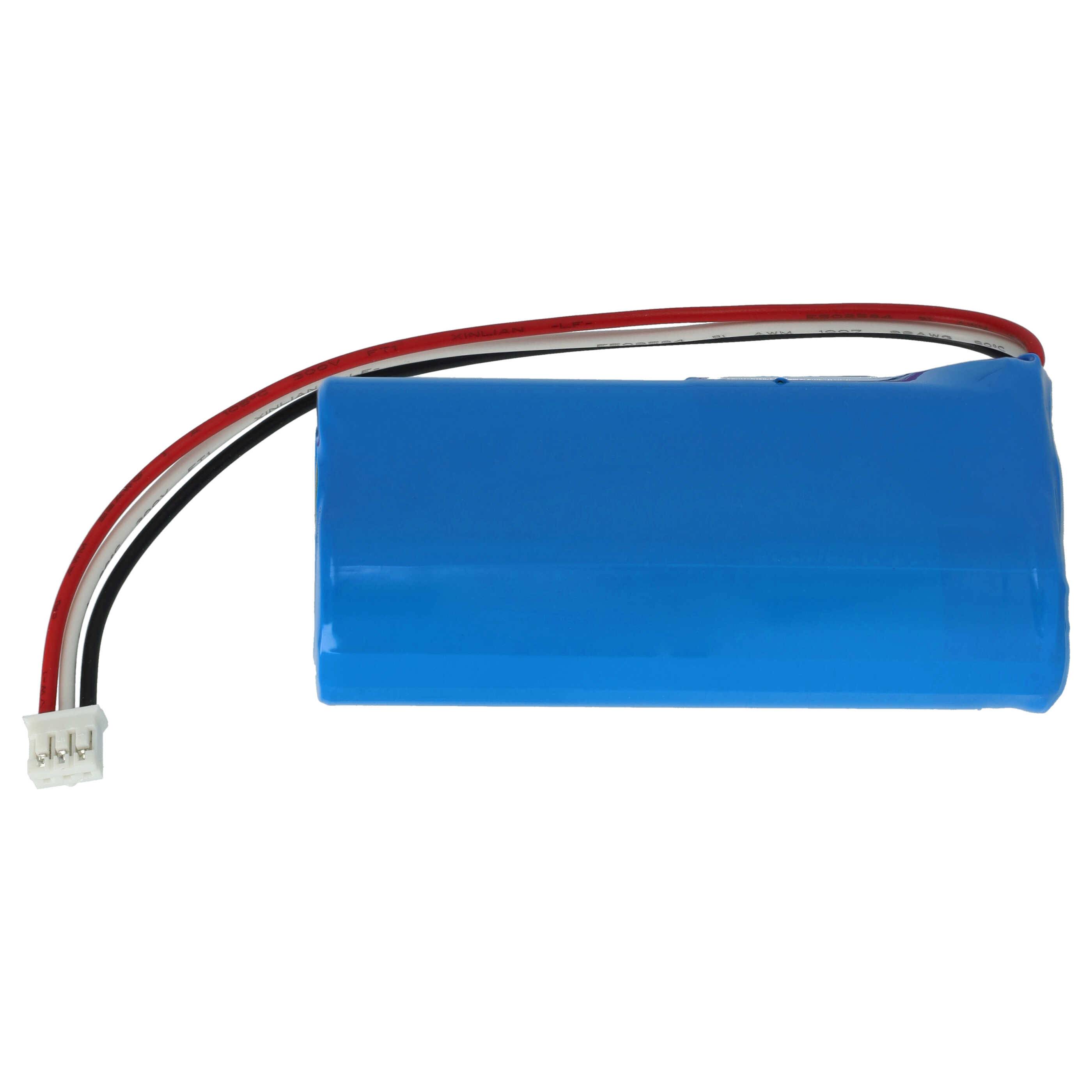 Ein blauer wiederaufladbarer Batteriepack mit roten und schwarzen Kabeln und einem weißen Stecker angebracht.