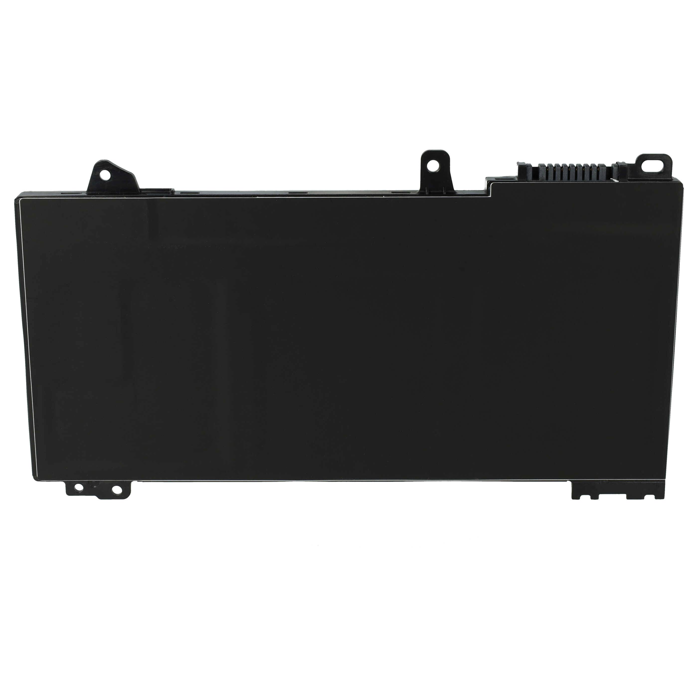 Eine schwarze rechteckige Laptop-Batterie von der Seite betrachtet mit Befestigungslöchern und einem Anschluss auf der oberen Kante.