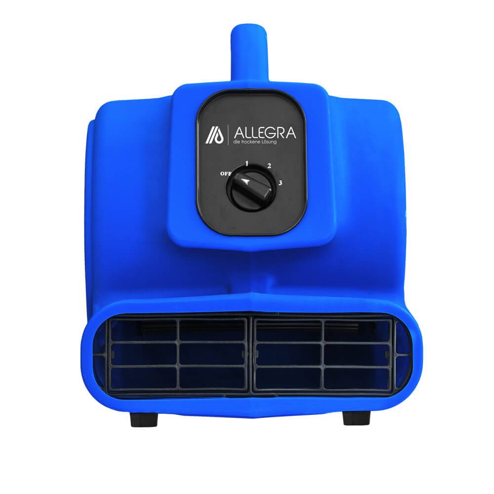 Blauer Allegra Ventilator mit vorderen Lüftungsöffnungen und einem zentralen 3-Stufen-Reglerdrehknopf auf weißem Hintergrund.