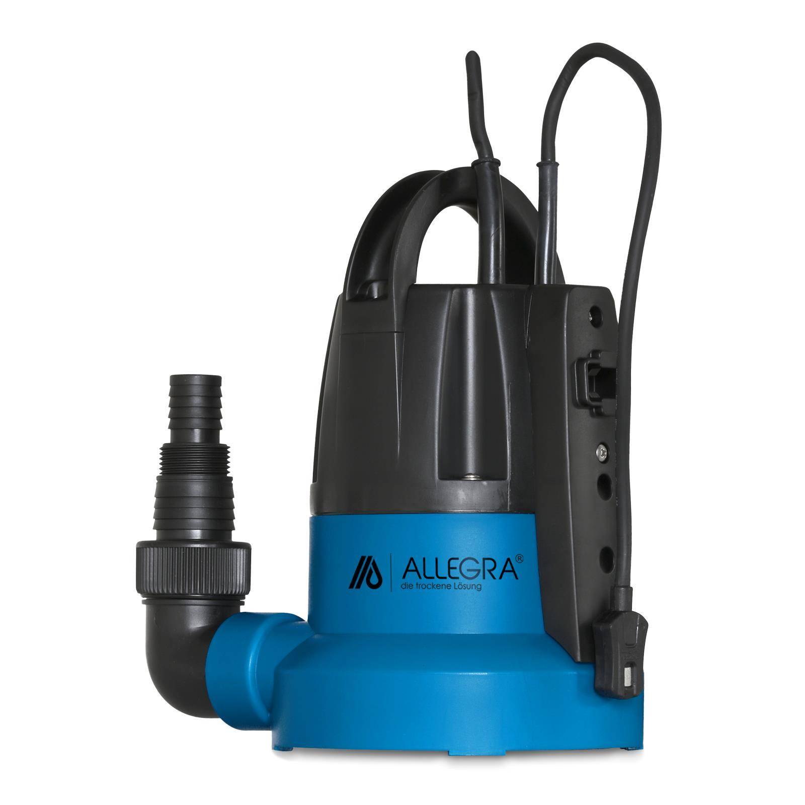 Blaue und schwarze Tauchpumpe mit Schlauchanschluss und Stromkabel auf weißem Hintergrund, beschriftet mit „ALLEGRA