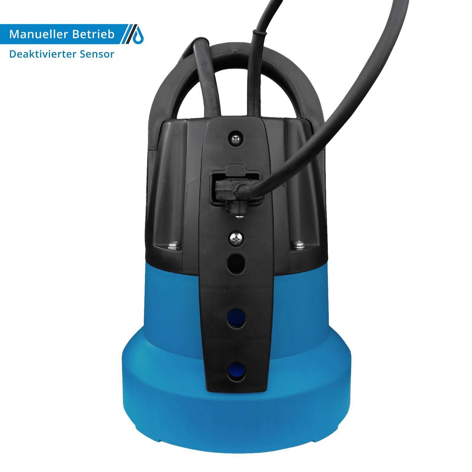Blau-schwarze Tauchpumpe mit angekabeltem Kabel; gekennzeichnet mit „Manueller Betrieb