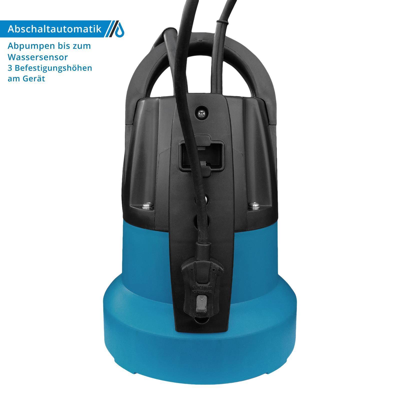 Produktfoto einer blau und schwarzen Tauchpumpe mit Stromkabel; Text sagt „Abschaltautomatik