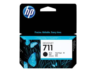 HP DesignJet 711 schwarze Tintenpatrone Verpackung, mit blauen Schmetterlingen und dem Text 'Präzise. Zuverlässig. Jedes Mal.
