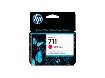 HP DesignJet 711 Magentadruckkopfpatrone mit Verpackung, die blaue Schmetterlinge und Grasdesign zeigt und lebendige, präzise Druckqualität hervorhebt.