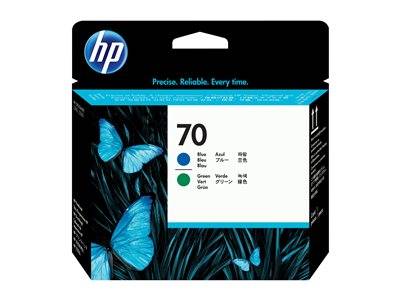 HP-Tintenpatrone mit Verpackung, die blaue Schmetterlinge zeigt. Text lautet: ‚Präzise. Zuverlässig. Jedes Mal.' und zeigt Tintenfarben-Optionen: blau und grün.