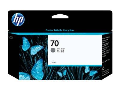 Eine schwarze Tintenpatronenschachtel mit einem blauen Schmetterlings-Design und dem Text 'HP 70, Grau, 130 ml'.