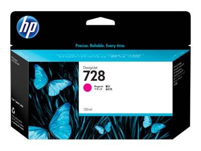 HP DesignJet 728 Tintenpatrone, Magenta, 130 ml, mit blauen Schmetterlingen auf dunklem Hintergrund.