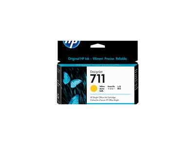 HP DesignJet 711 Gelbe Tintenpatrone mit Verpackung mit blauem Schmetterlingsdesign und Text „Originale HP-Tinte... Lebendige Farben. Präzise. Zuverlässig.