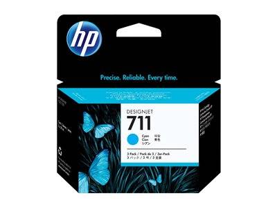 HP DesignJet 711 Cyan-Tintenkartusche verfügt über eine auffällige Verpackung in Blau und Schwarz mit Schmetterlingsmotiven, die Zuverlässigkeit unterstreicht.