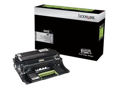 Lexmark 500Z Tonerpatrone mit Verpackung gezeigt. Schwarze Tonerpatrone für Lexmark-Drucker. Verpackung hebt Modell und Marke hervor.
