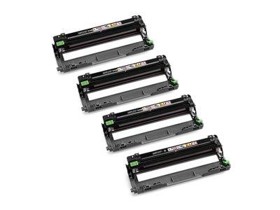 Vier identische Druckertoner-Kartuschen für Brother-Drucker, die jeweils mit CMYK-Farben gekennzeichnet sind und vertikal in zwei Reihen angeordnet sind.