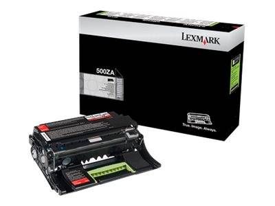 Lexmark Tonerkassette in einer Verpackung mit sichtbarer Kassette, beschriftet mit '500ZA'. Entwickelt für Laserdrucker. Schwarze und grüne Akzente auf der Verpackung.