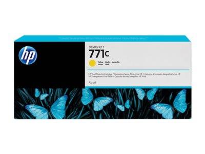 Bild einer Druckerpatronenverpackung mit der Aufschrift 'HP 771C Yellow Ink Cartridge'. Die Verpackung zeigt ein Design mit blauen Schmetterlingen.