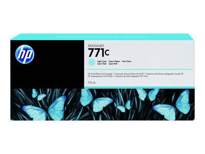 HP DesignJet 771C Cyan Cartridge', Bild von türkisfarbenen Schmetterlingen.