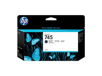 HP Designjet 745 Tintenpatrone mit Schmetterlingen in Blau auf schwarzem Hintergrund. Text enthält '130mL' und Farbangaben.