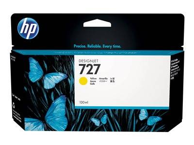 HP DesignJet 727 Gelb-Tintenpatrone Verpackung mit blauen Schmetterlingen auf einem dunklen Hintergrund, beschriftet mit '130 ml'.