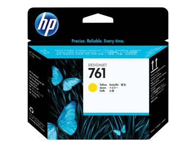 HP DesignJet 761 Gelbtinte-Patrone mit Verpackung, die blaue Schmetterlinge und Blattwerk-Design zeigt.
