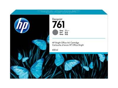 HP DesignJet 761 Tintenpatrone, grau, 400 ml. Die Verpackung zeigt blaue Schmetterlinge auf schwarzem Hintergrund, mit HP-Logo in der Ecke.