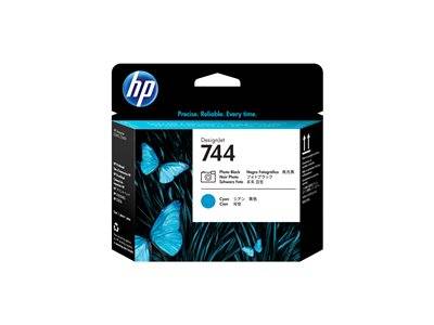 Tintenpatrone Verpackung für HP Drucker, mit Logo und der Bezeichnung '744'. Das Design umfasst blaue Schmetterlinge auf einem schwarzen Hintergrund.