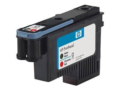 HP-Druckkopf mit einer Beschriftung, die Tintentypen zeigt: matter Schwarz, chromatisches Rot. Wird in Druckern für präzise Tintenapplikation verwendet.