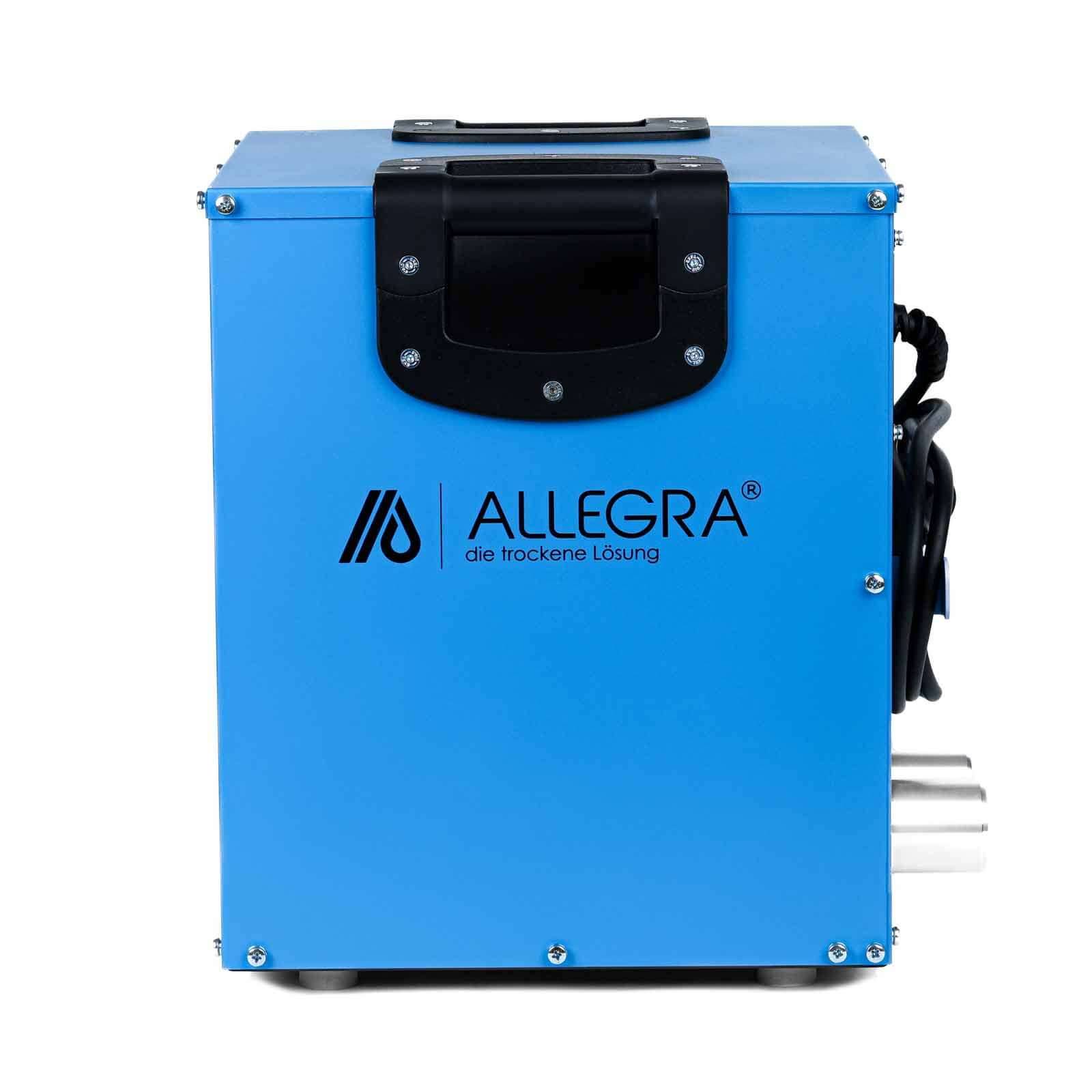 Tragbare Blaue ALLEGRA-Maschineneinheit mit schwarzem Griff und seitlichem Netzkabel, Vorderansicht auf weißem Hintergrund.