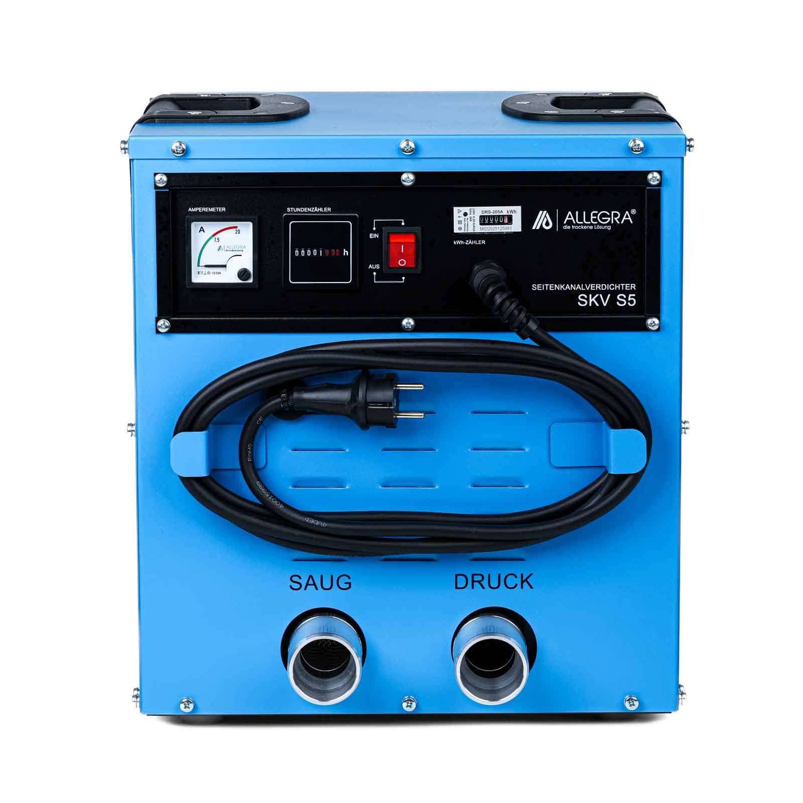 Blaues Allegra Industriegerät mit Manometer, Stromschalter, Spulenkabel und zwei gekennzeichneten Schlauchanschlüssen 