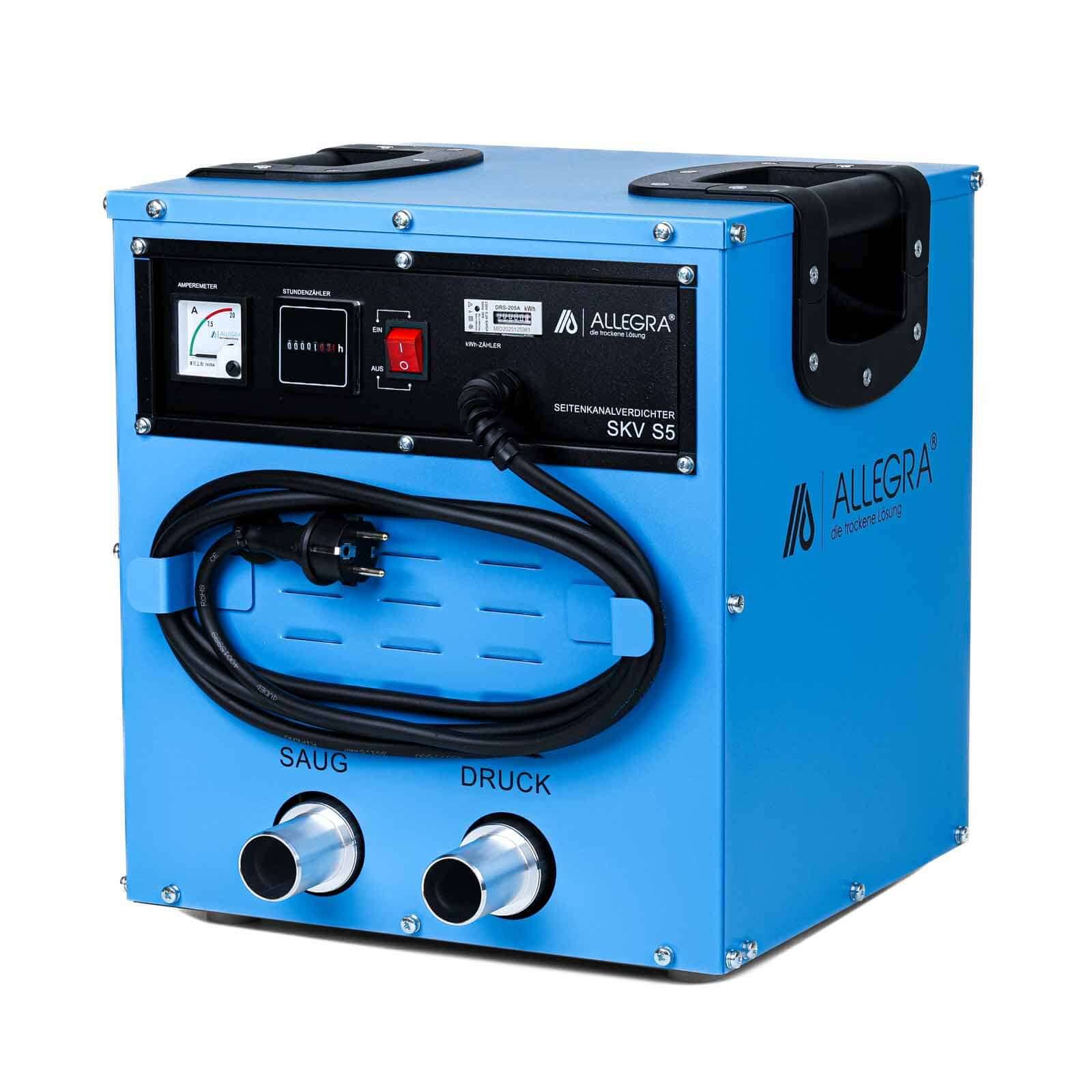 Blaue Allegra SKV S5 Industriemaschine mit Bedienfeld, Stromkabel und zwei beschrifteten Frontanschlüssen ('SAUG' und 'DRUCK').