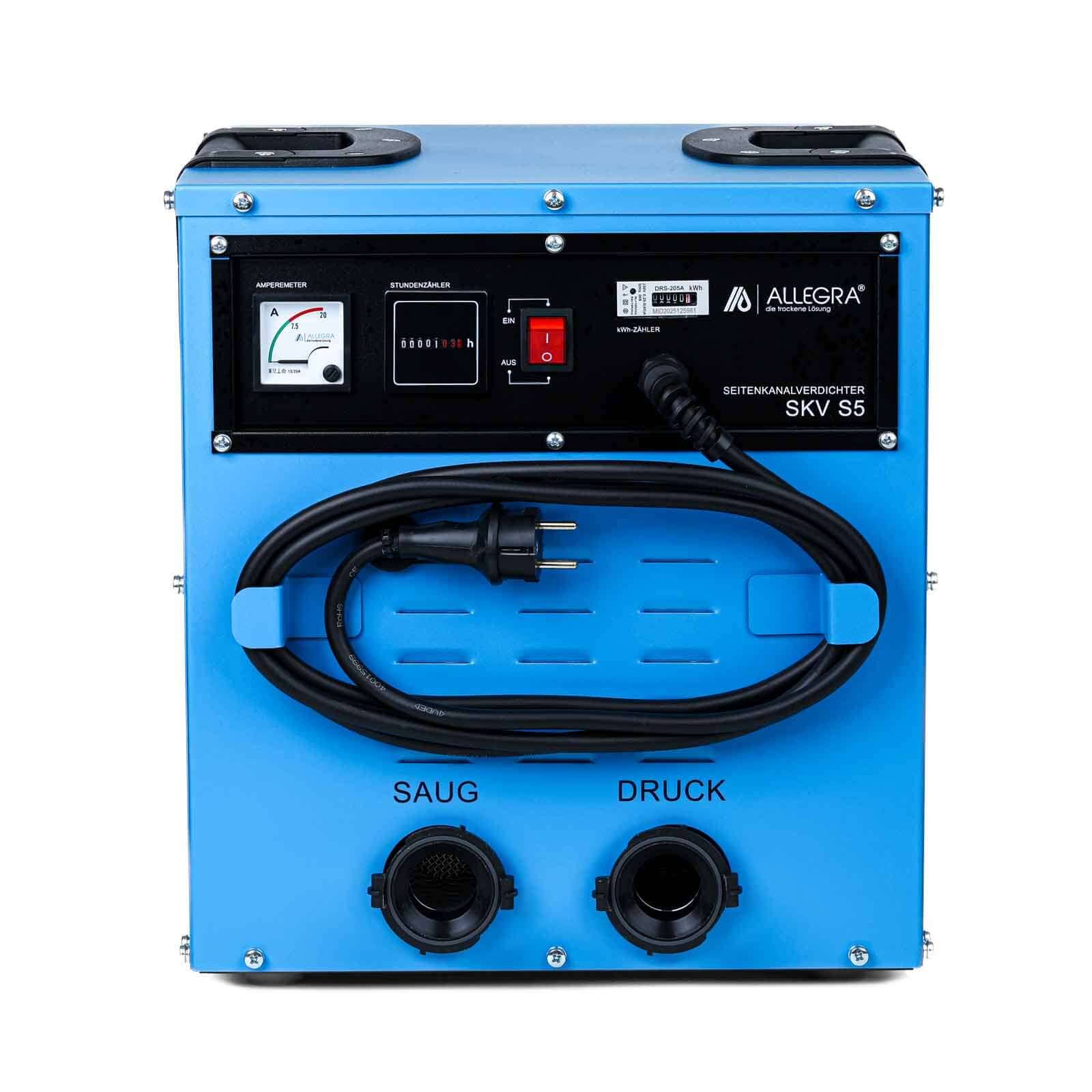 Blaue Allegra SKV 5 Seitenkanalvakuumeinheit mit Stromschalter, Manometer, aufgewickeltem Kabel und „SAUG