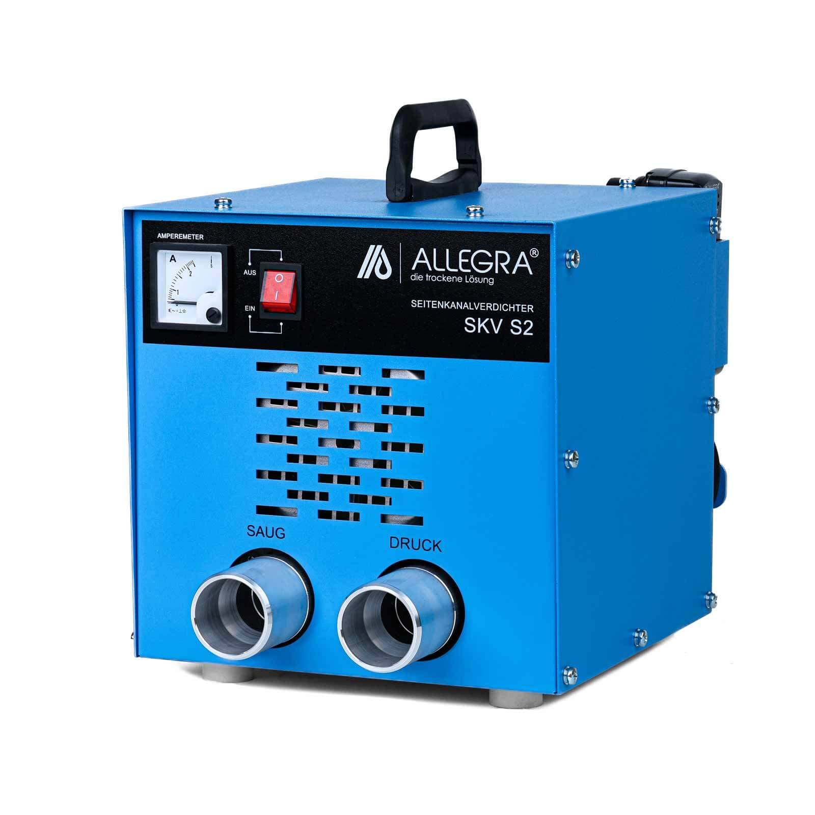 Blaue ALLEGRA SKV S2 Industrie-Saug-/Druckeinheit mit Griff, Manometer, Schalter und zwei vorderen Anschlüssen mit den Bezeichnungen „SAUG